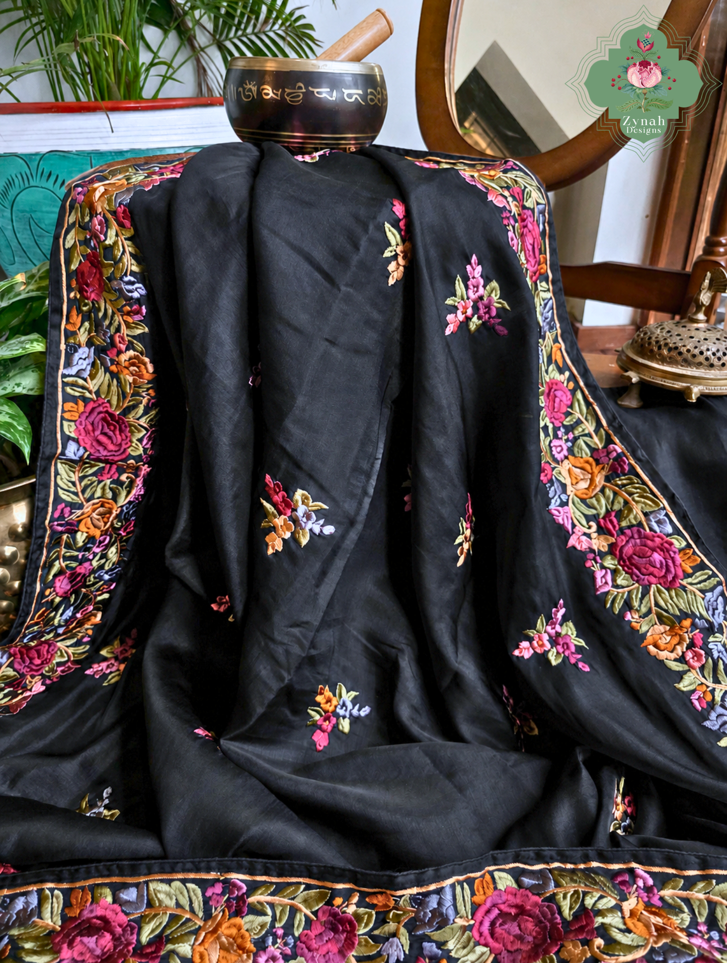 Zynah Noir-e-Gara – Black Soft Tussar Silk Saree inspired by the Elegance of Parsi Gara