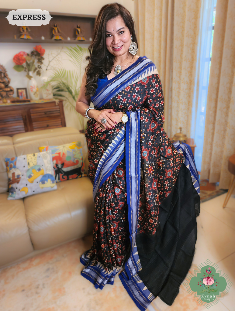 Zynah Black & Blue Patola Print Pure Tussar Silk Vidarbha Saree With Karvati Kinaar Border; Custom Stitched/Ready-made Blouse, Fall, Petticoat; SKU: 1909202401