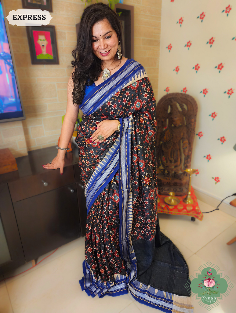 Zynah Black & Blue Patola Print Pure Tussar Silk Vidarbha Saree With Karvati Kinaar Border; Custom Stitched/Ready-made Blouse, Fall, Petticoat; SKU: 1909202401