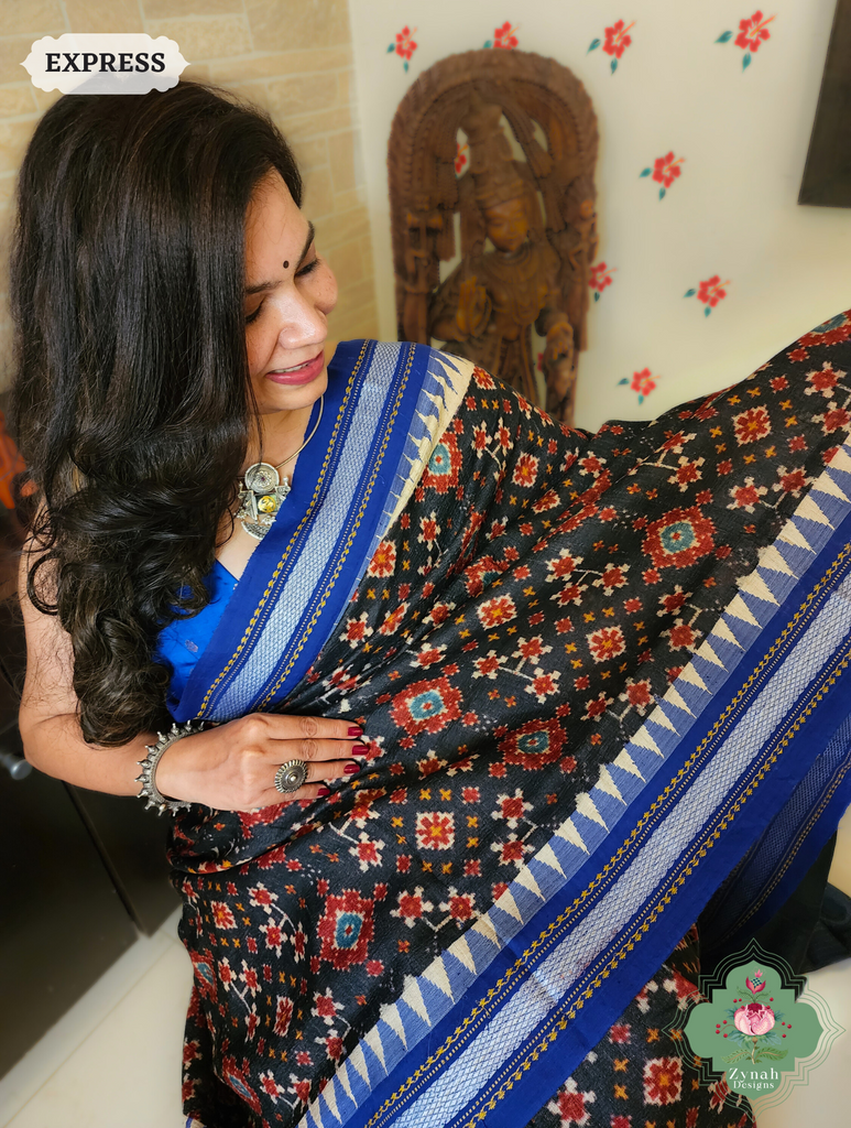 Zynah Black & Blue Patola Print Pure Tussar Silk Vidarbha Saree With Karvati Kinaar Border; Custom Stitched/Ready-made Blouse, Fall, Petticoat; SKU: 1909202401