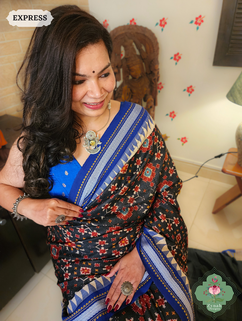 Zynah Black & Blue Patola Print Pure Tussar Silk Vidarbha Saree With Karvati Kinaar Border; Custom Stitched/Ready-made Blouse, Fall, Petticoat; SKU: 1909202401