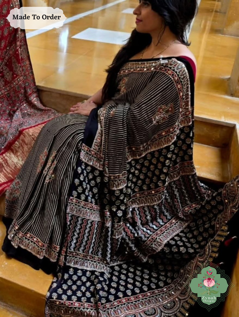 Zynah Made To Order Black & Brown Ajrakh Modal Silk Saree With Hand Embellishments; Custom Stitched/Ready-made Blouse, Fall, Petticoat; SKU:1909202502