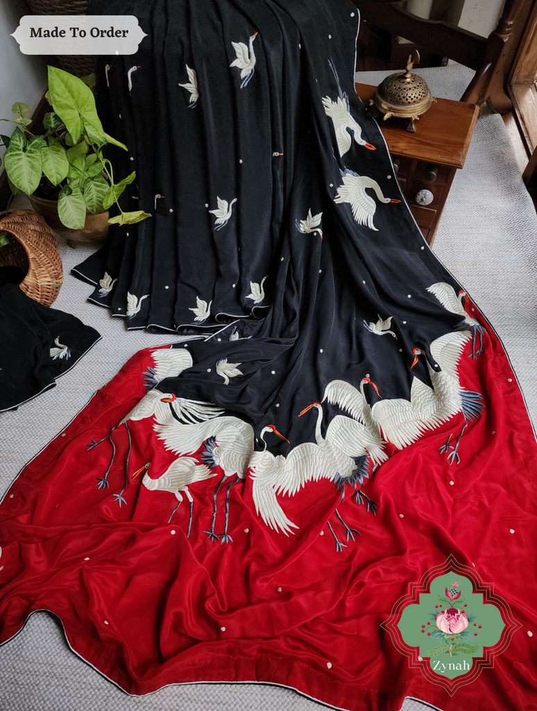Zynah Made To Order Black & Cherry Red Pure Crepe Silk Parsi Gara Saree With Designer Motifs of Cranes & Swans; Custom Stitched/Ready-made Blouse, Fall, Petticoat; SKU: 2505202303