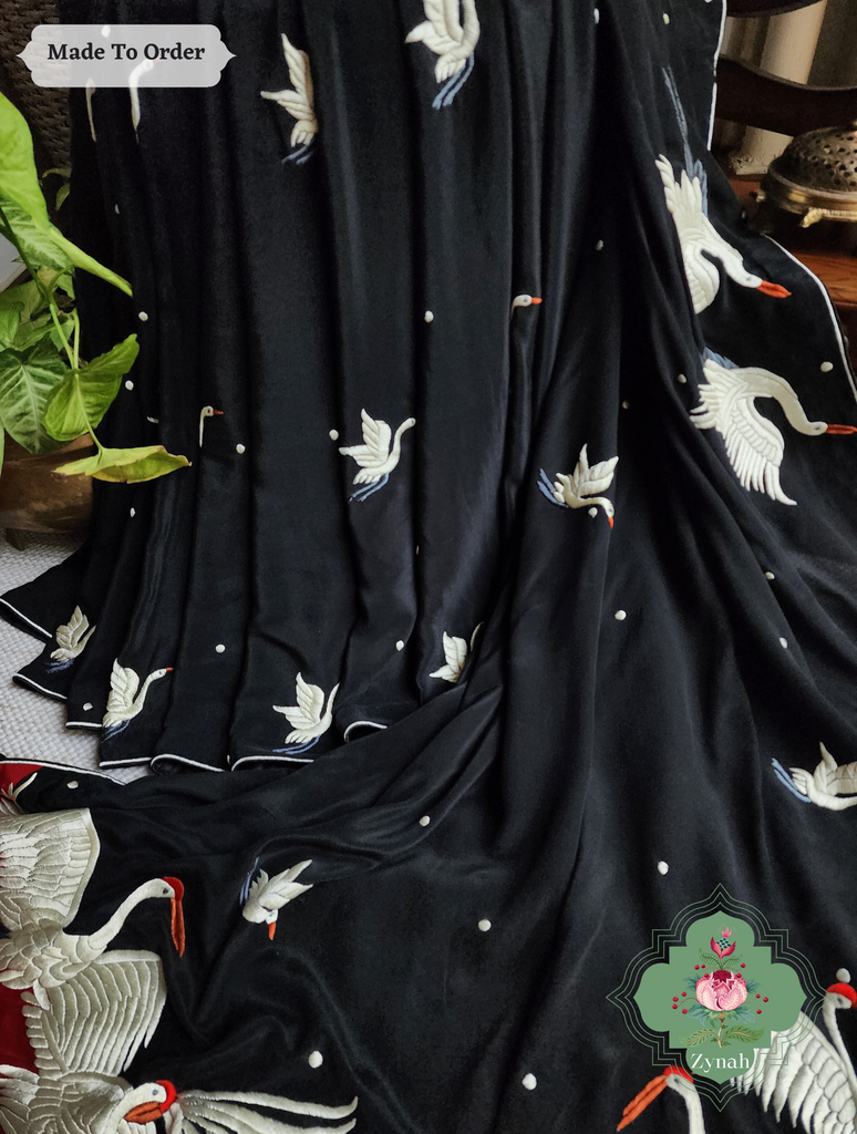 Zynah Made To Order Black & Cherry Red Pure Crepe Silk Parsi Gara Saree With Designer Motifs of Cranes & Swans; Custom Stitched/Ready-made Blouse, Fall, Petticoat; SKU: 2505202303