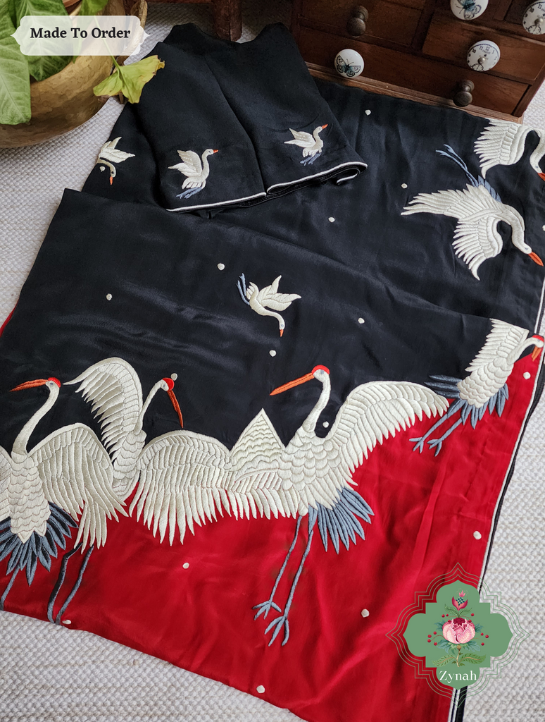 Zynah Made To Order Black & Cherry Red Pure Crepe Silk Parsi Gara Saree With Designer Motifs of Cranes & Swans; Custom Stitched/Ready-made Blouse, Fall, Petticoat; SKU: 2505202303