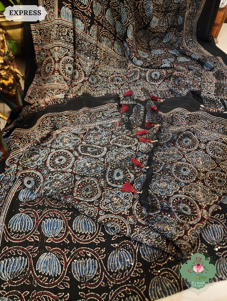 Zynah Black & Indigo Hand-Block Printed Georgette Silk Ajrakh Saree with Sequins Highlight; Custom Stitched/Ready-made Blouse, Fall, Petticoat; SKU: 1004202501