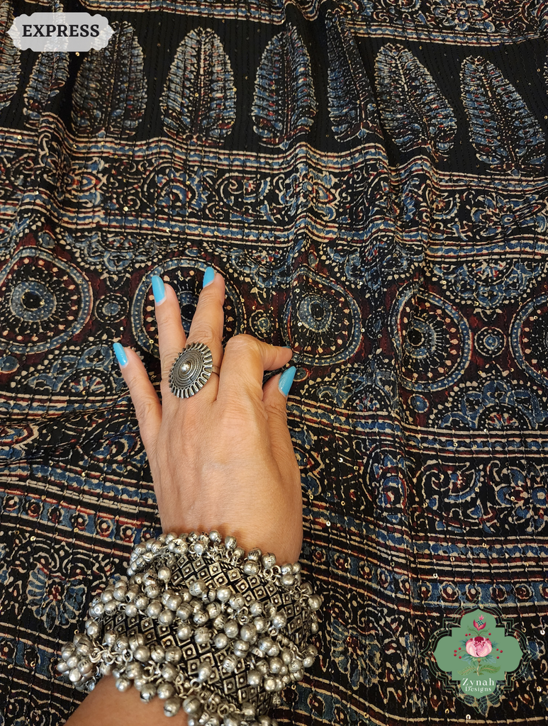 Zynah Black & Indigo Hand-Block Printed Georgette Silk Ajrakh Saree with Sequins Highlight; Custom Stitched/Ready-made Blouse, Fall, Petticoat; SKU: 1004202501