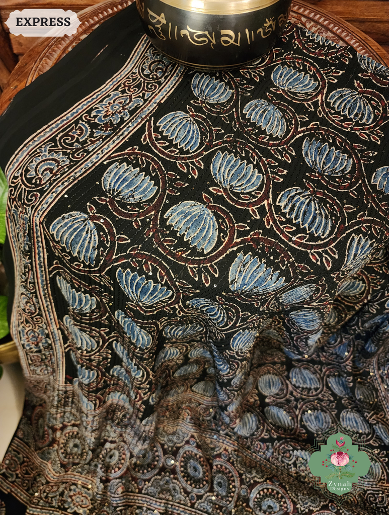 Zynah Black & Indigo Hand-Block Printed Georgette Silk Ajrakh Saree with Sequins Highlight; Custom Stitched/Ready-made Blouse, Fall, Petticoat; SKU: 1004202501