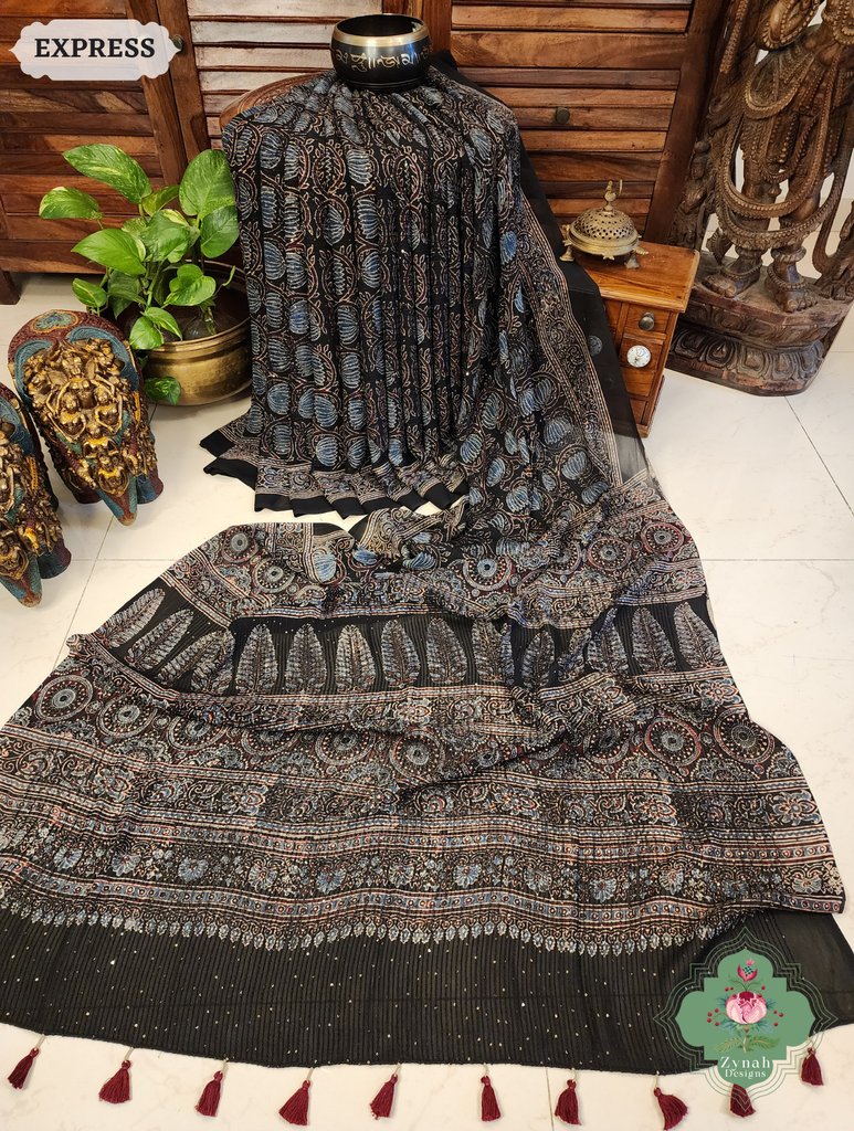 Zynah Black & Indigo Hand-Block Printed Georgette Silk Ajrakh Saree with Sequins Highlight; Custom Stitched/Ready-made Blouse, Fall, Petticoat; SKU: 1004202501