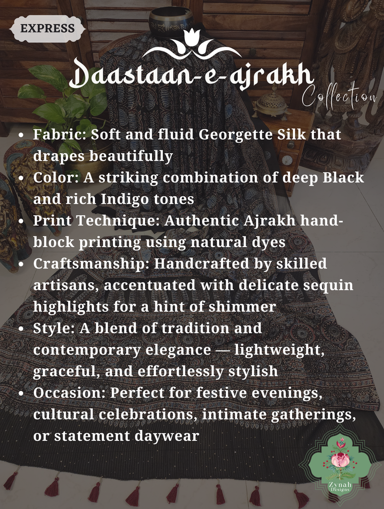 Zynah Black & Indigo Hand-Block Printed Georgette Silk Ajrakh Saree with Sequins Highlight; Custom Stitched/Ready-made Blouse, Fall, Petticoat; SKU: 1004202501