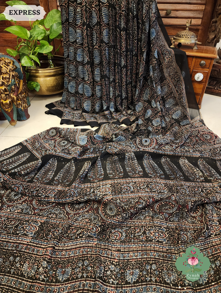 Zynah Black & Indigo Hand-Block Printed Georgette Silk Ajrakh Saree with Sequins Highlight; Custom Stitched/Ready-made Blouse, Fall, Petticoat; SKU: 1004202501