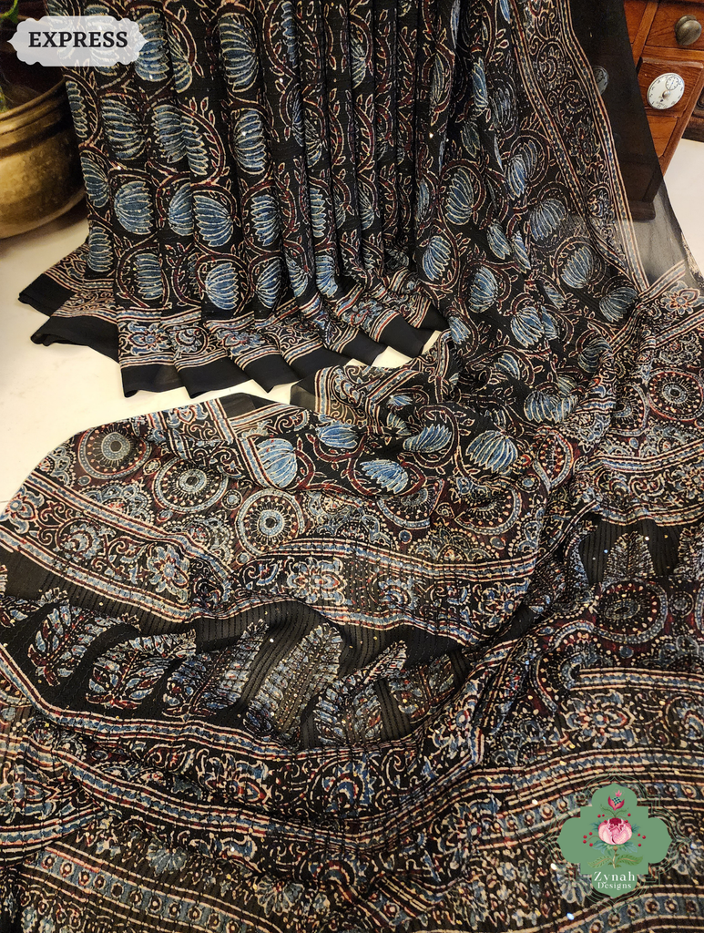 Zynah Black & Indigo Hand-Block Printed Georgette Silk Ajrakh Saree with Sequins Highlight; Custom Stitched/Ready-made Blouse, Fall, Petticoat; SKU: 1004202501