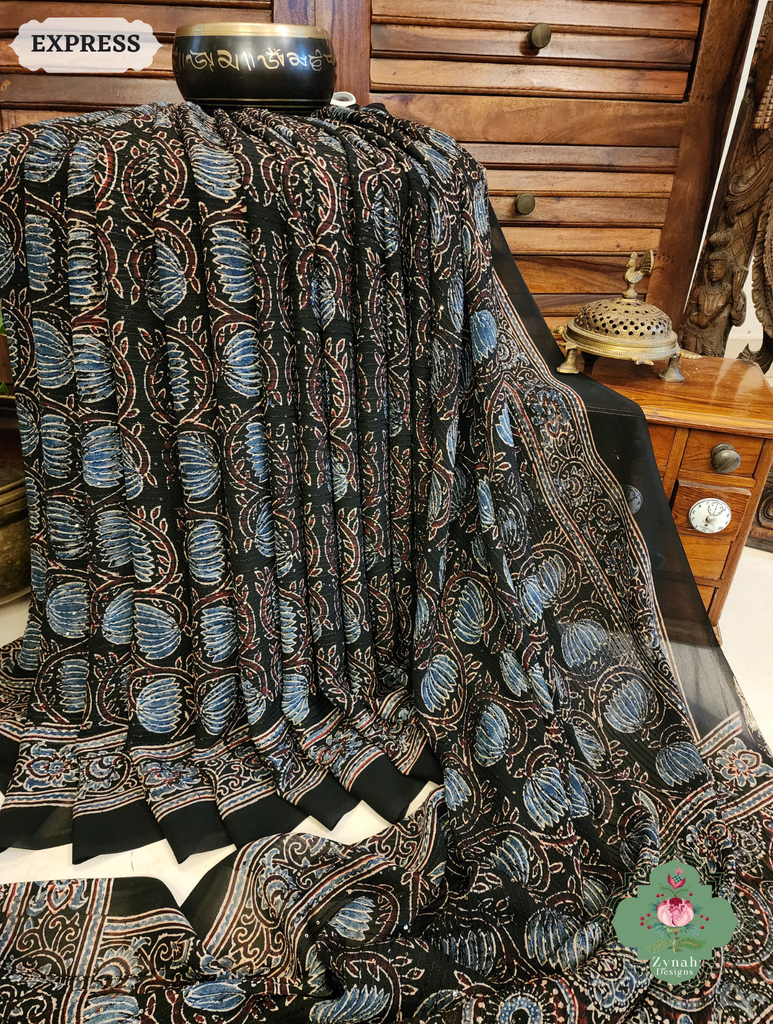 Zynah Black & Indigo Hand-Block Printed Georgette Silk Ajrakh Saree with Sequins Highlight; Custom Stitched/Ready-made Blouse, Fall, Petticoat; SKU: 1004202501