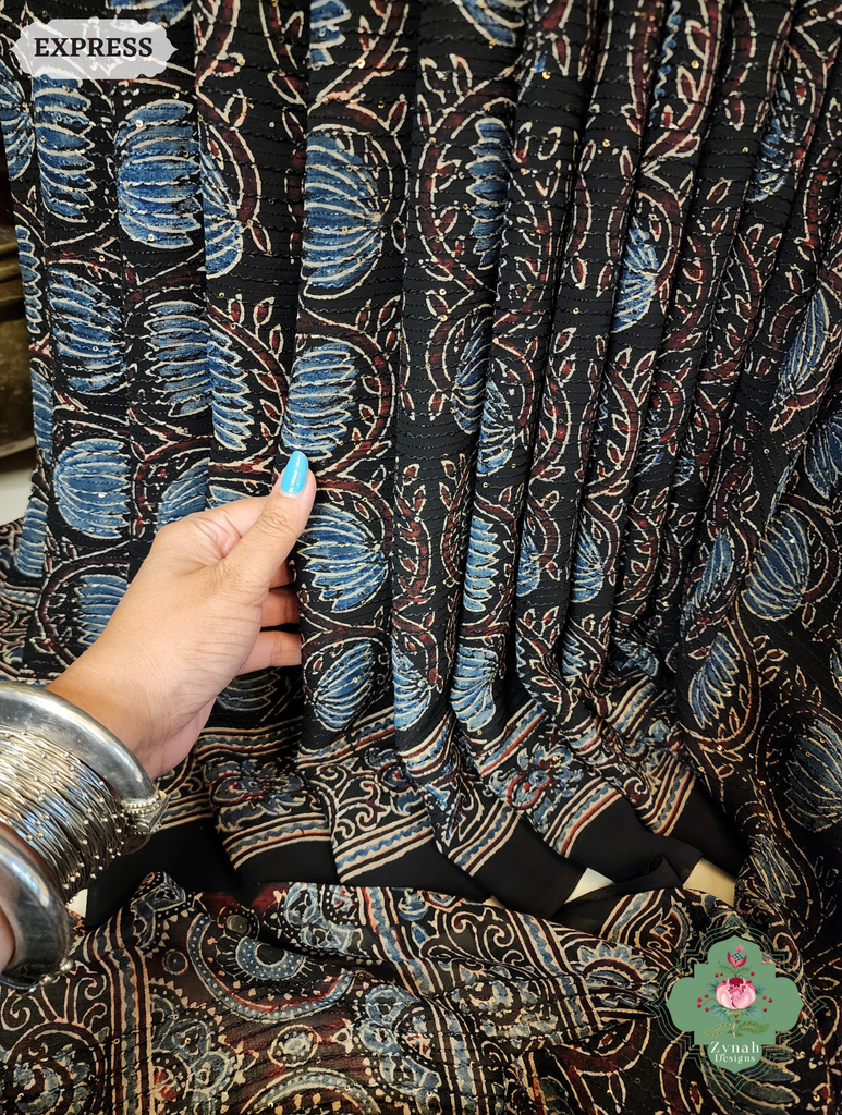 Zynah Black & Indigo Hand-Block Printed Georgette Silk Ajrakh Saree with Sequins Highlight; Custom Stitched/Ready-made Blouse, Fall, Petticoat; SKU: 1004202501