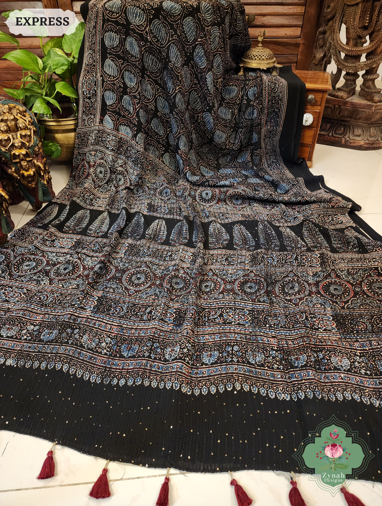 Zynah Black & Indigo Hand-Block Printed Georgette Silk Ajrakh Saree with Sequins Highlight; Custom Stitched/Ready-made Blouse, Fall, Petticoat; SKU: 1004202501