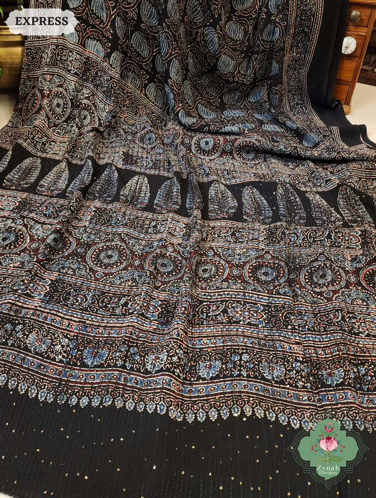 Zynah Black & Indigo Hand-Block Printed Georgette Silk Ajrakh Saree with Sequins Highlight; Custom Stitched/Ready-made Blouse, Fall, Petticoat; SKU: 1004202501