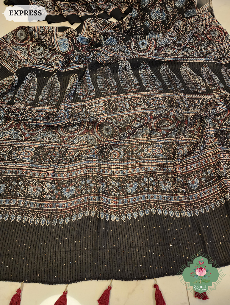 Zynah Black & Indigo Hand-Block Printed Georgette Silk Ajrakh Saree with Sequins Highlight; Custom Stitched/Ready-made Blouse, Fall, Petticoat; SKU: 1004202501