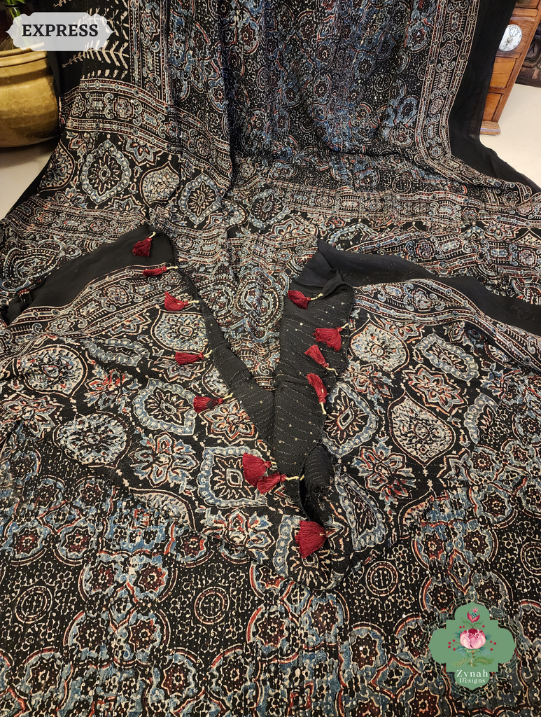 Zynah Black & Indigo Hand-Block Printed Georgette Silk Ajrakh Saree with Sequins Highlight; Custom Stitched/Ready-made Blouse, Fall, Petticoat; SKU: 1004202506