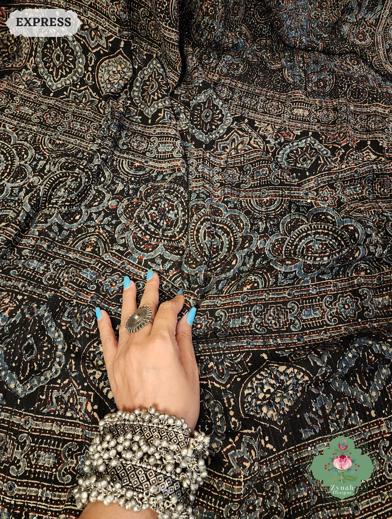 Zynah Black & Indigo Hand-Block Printed Georgette Silk Ajrakh Saree with Sequins Highlight; Custom Stitched/Ready-made Blouse, Fall, Petticoat; SKU: 1004202506