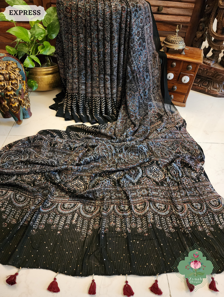 Zynah Black & Indigo Hand-Block Printed Georgette Silk Ajrakh Saree with Sequins Highlight; Custom Stitched/Ready-made Blouse, Fall, Petticoat; SKU: 1004202506