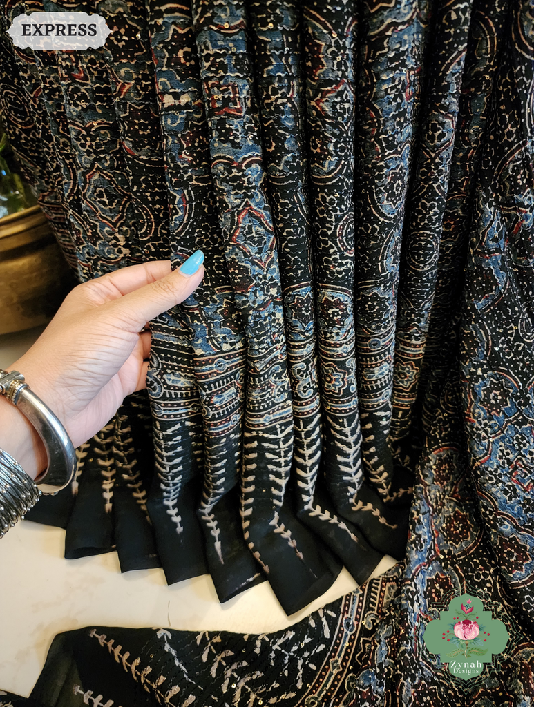 Zynah Black & Indigo Hand-Block Printed Georgette Silk Ajrakh Saree with Sequins Highlight; Custom Stitched/Ready-made Blouse, Fall, Petticoat; SKU: 1004202506