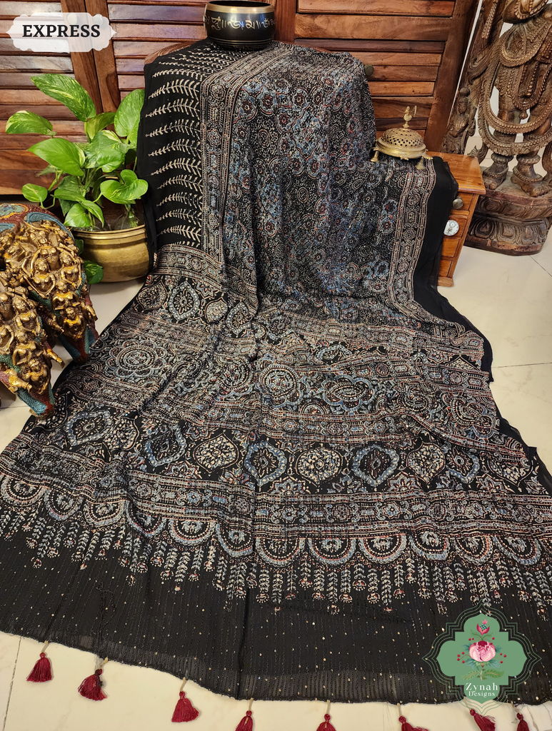 Zynah Black & Indigo Hand-Block Printed Georgette Silk Ajrakh Saree with Sequins Highlight; Custom Stitched/Ready-made Blouse, Fall, Petticoat; SKU: 1004202506