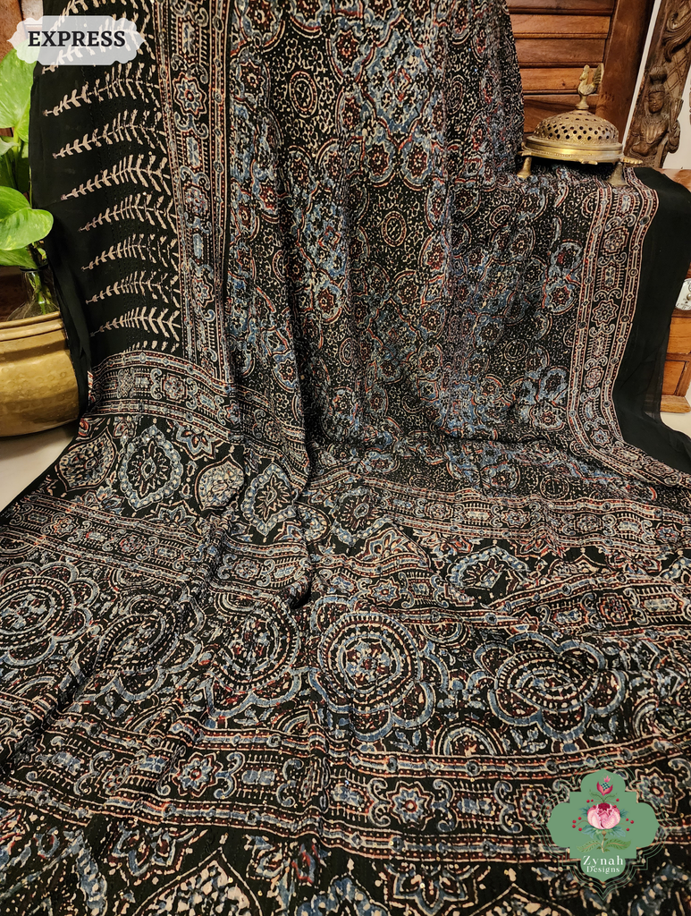 Zynah Black & Indigo Hand-Block Printed Georgette Silk Ajrakh Saree with Sequins Highlight; Custom Stitched/Ready-made Blouse, Fall, Petticoat; SKU: 1004202506