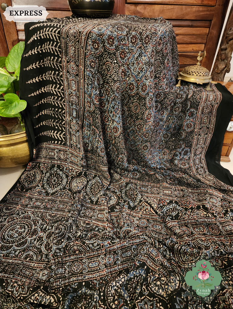 Zynah Black & Indigo Hand-Block Printed Georgette Silk Ajrakh Saree with Sequins Highlight; Custom Stitched/Ready-made Blouse, Fall, Petticoat; SKU: 1004202506