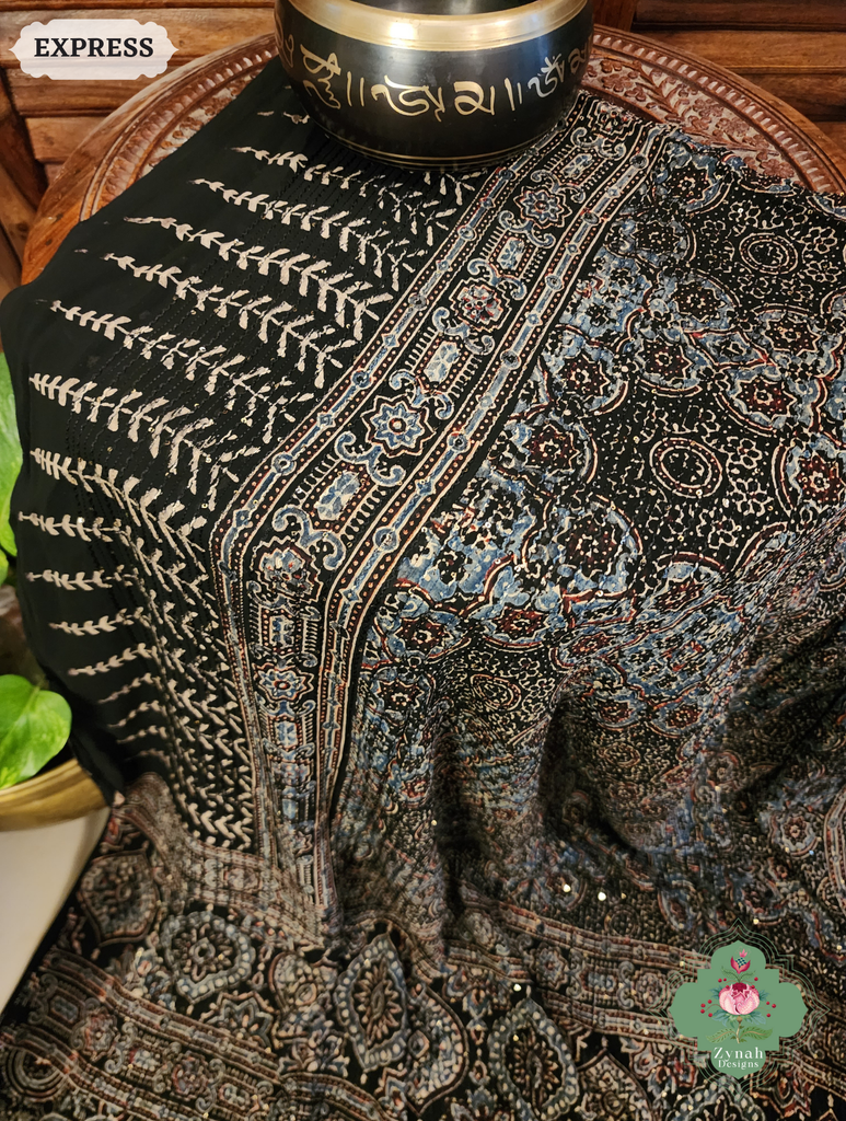 Zynah Black & Indigo Hand-Block Printed Georgette Silk Ajrakh Saree with Sequins Highlight; Custom Stitched/Ready-made Blouse, Fall, Petticoat; SKU: 1004202506