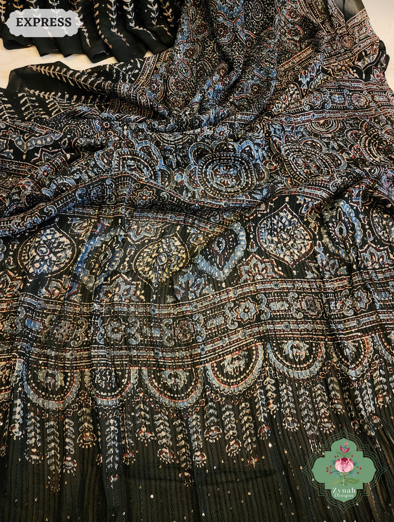 Zynah Black & Indigo Hand-Block Printed Georgette Silk Ajrakh Saree with Sequins Highlight; Custom Stitched/Ready-made Blouse, Fall, Petticoat; SKU: 1004202506