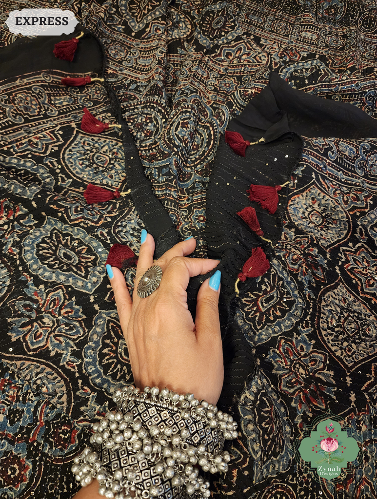 Zynah Black & Indigo Hand-Block Printed Georgette Silk Ajrakh Saree with Sequins Highlight; Custom Stitched/Ready-made Blouse, Fall, Petticoat; SKU: 1004202506