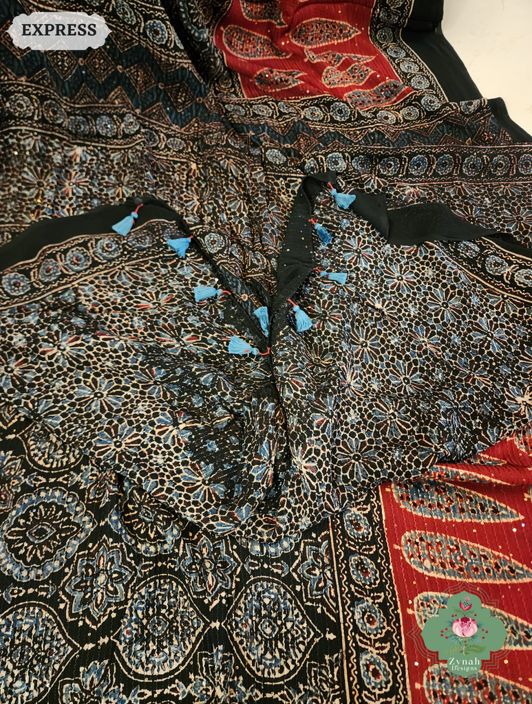 Zynah Black & Madder Red Hand-Block Printed Georgette Silk Ajrakh Saree with Sequins Highlight; Custom Stitched/Ready-made Blouse, Fall, Petticoat; SKU: 1004202502