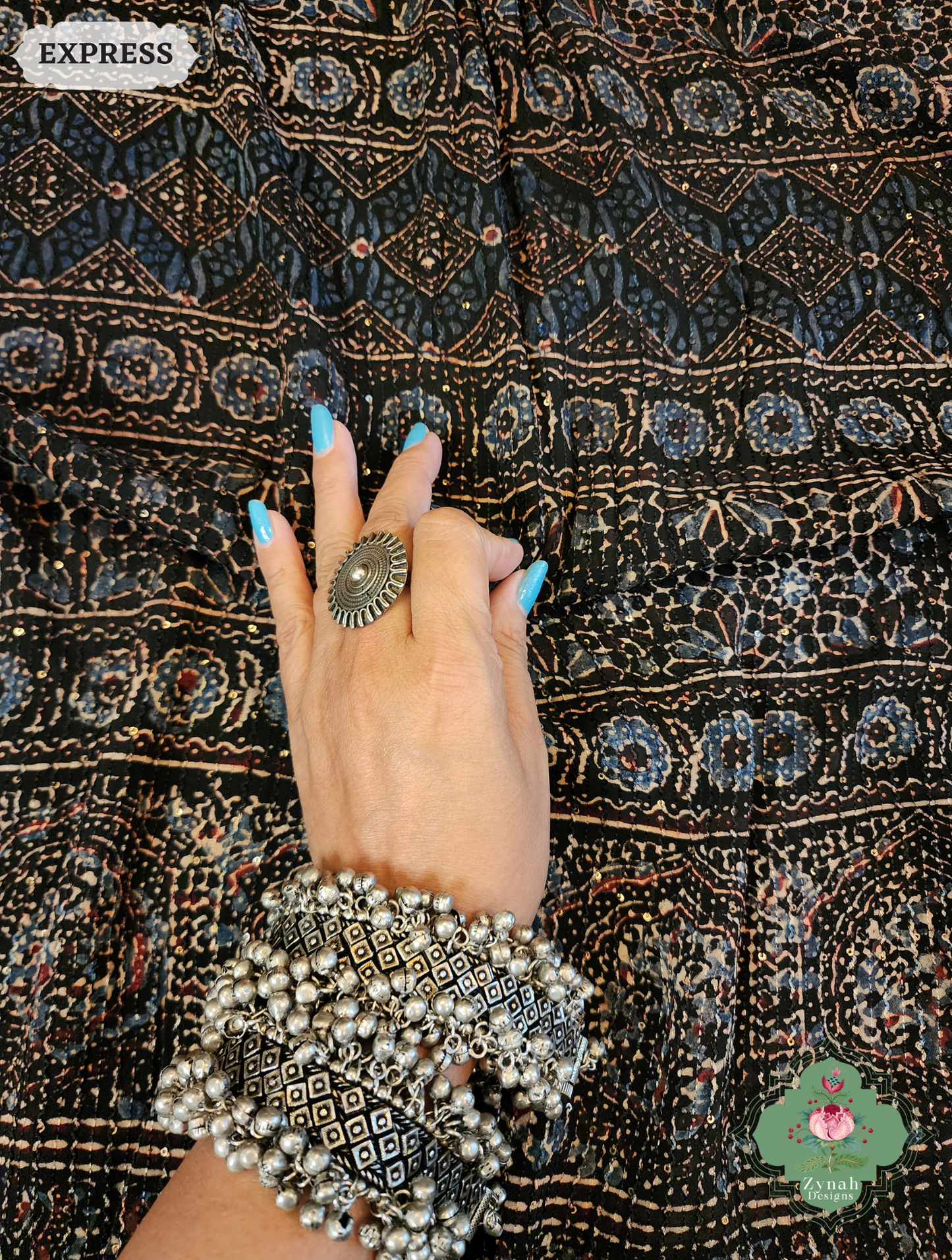 Zynah Black & Madder Red Hand-Block Printed Georgette Silk Ajrakh Saree with Sequins Highlight; Custom Stitched/Ready-made Blouse, Fall, Petticoat; SKU: 1004202502