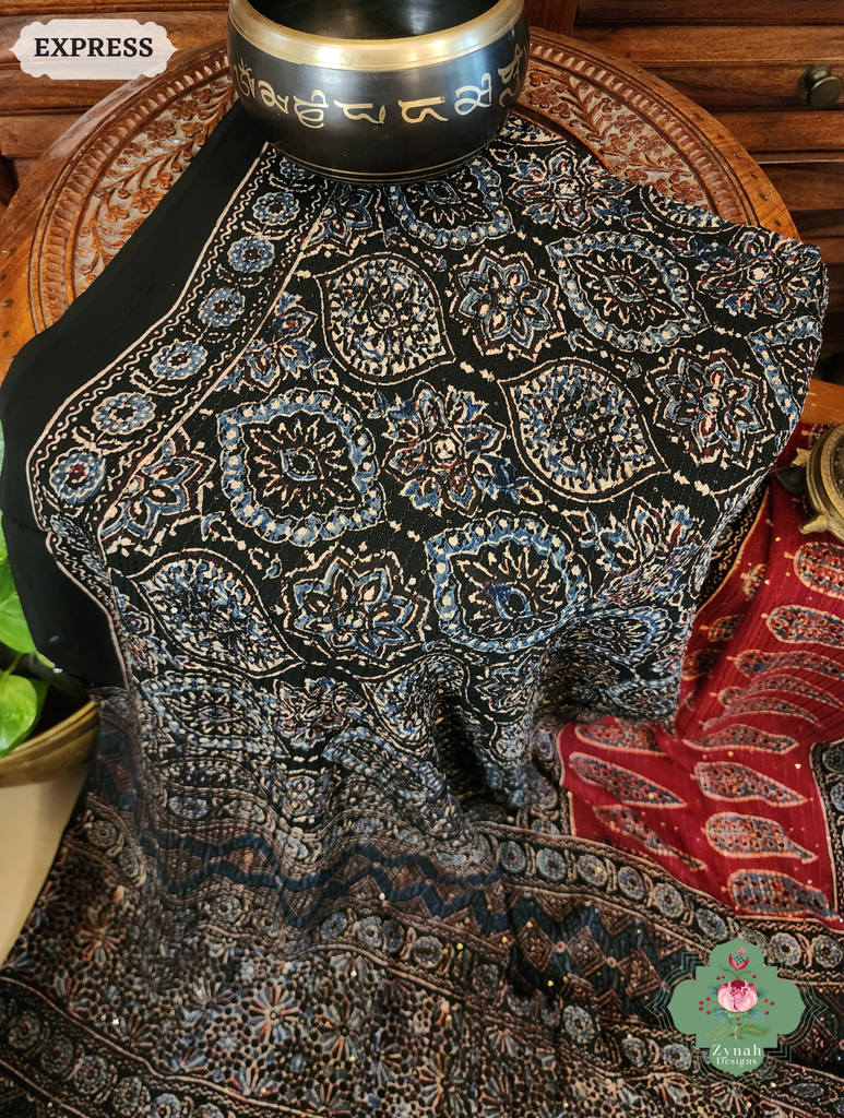 Zynah Black & Madder Red Hand-Block Printed Georgette Silk Ajrakh Saree with Sequins Highlight; Custom Stitched/Ready-made Blouse, Fall, Petticoat; SKU: 1004202502