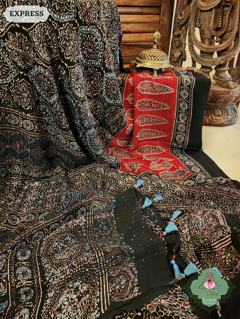 Zynah Black & Madder Red Hand-Block Printed Georgette Silk Ajrakh Saree with Sequins Highlight; Custom Stitched/Ready-made Blouse, Fall, Petticoat; SKU: 1004202502
