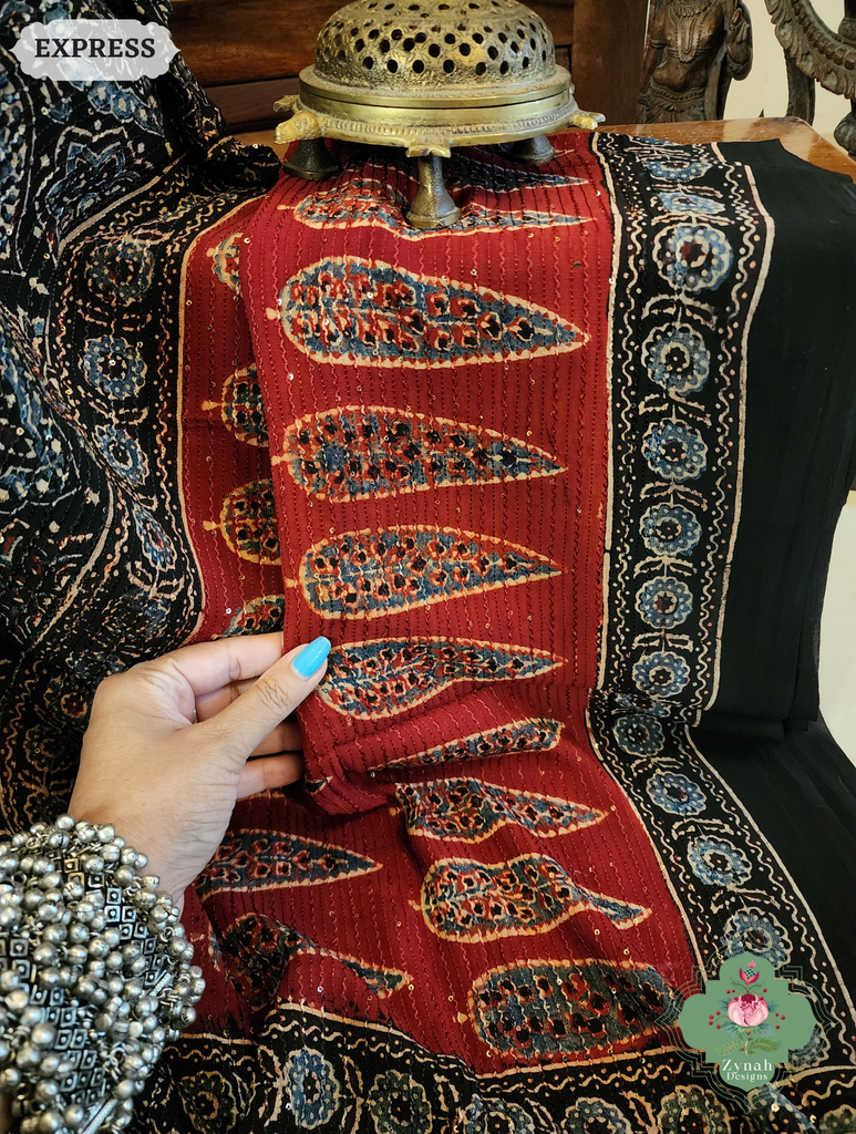 Zynah Black & Madder Red Hand-Block Printed Georgette Silk Ajrakh Saree with Sequins Highlight; Custom Stitched/Ready-made Blouse, Fall, Petticoat; SKU: 1004202502