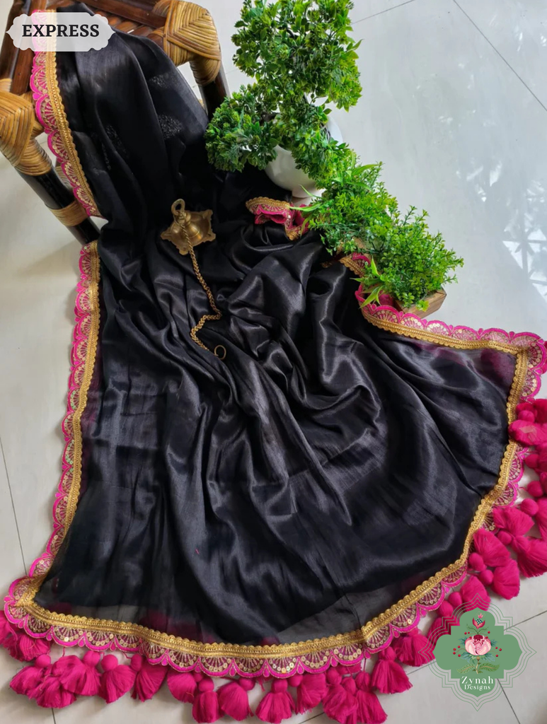 Zynah Metallic Black Linen Tissue Saree With Scalloped Lace & Rani Tassels; Custom Stitched/Ready-made Blouse, Fall, Petticoat; SKU: 2703202503