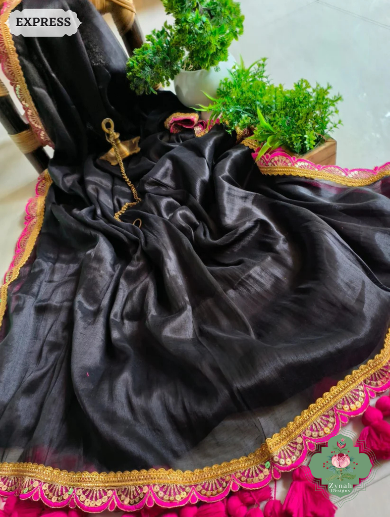 Zynah Metallic Black Linen Tissue Saree With Scalloped Lace & Rani Tassels; Custom Stitched/Ready-made Blouse, Fall, Petticoat; SKU: 2703202503
