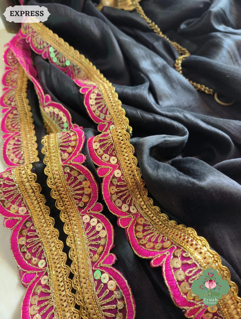 Zynah Metallic Black Linen Tissue Saree With Scalloped Lace & Rani Tassels; Custom Stitched/Ready-made Blouse, Fall, Petticoat; SKU: 2703202503