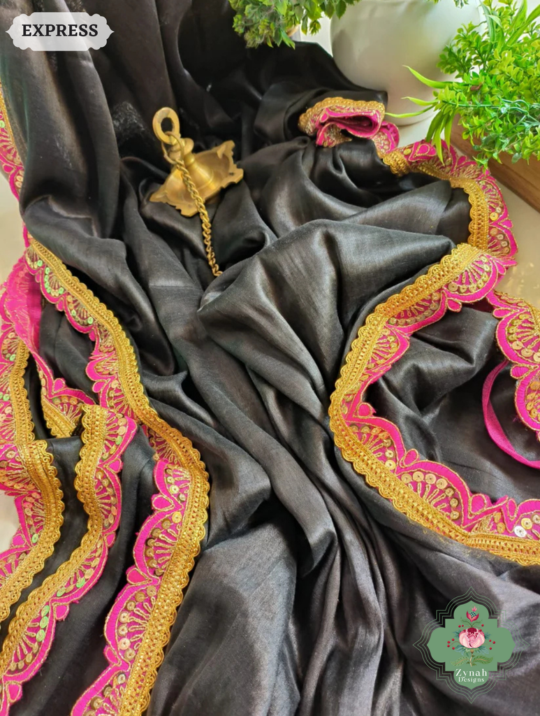 Zynah Metallic Black Linen Tissue Saree With Scalloped Lace & Rani Tassels; Custom Stitched/Ready-made Blouse, Fall, Petticoat; SKU: 2703202503
