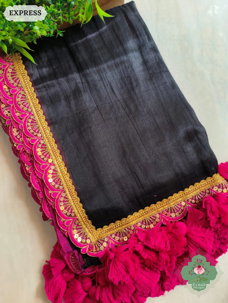 Zynah Metallic Black Linen Tissue Saree With Scalloped Lace & Rani Tassels; Custom Stitched/Ready-made Blouse, Fall, Petticoat; SKU: 2703202503