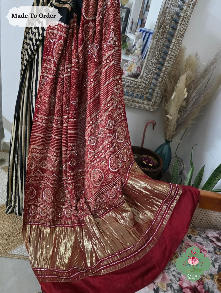 Zynah Made To Order Black & Madder Red Ajrakh Modal Silk Saree With Lagdi Patta Pallu & Hand Embellishments; Custom Stitched/Ready-made Blouse, Fall, Petticoat; SKU:1909202505