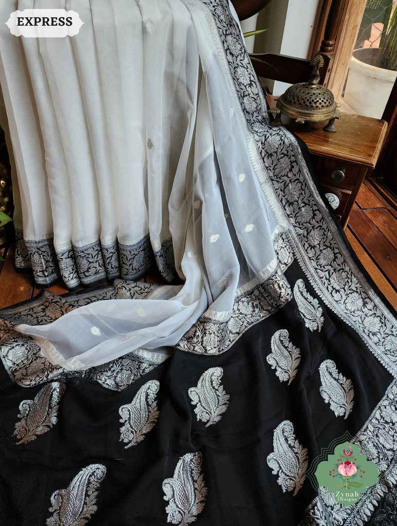 Zynah Black & White Handwoven Pure Khaddi Chiffon Banarasi Saree With Pure Silver Water Zari Woven Butas & Border; Custom Stitched/Ready-made Blouse, Fall, Petticoat; SKU: 29012025012