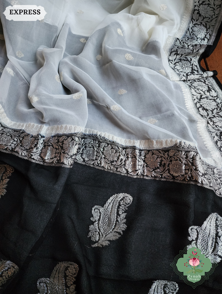 Zynah Black & White Handwoven Pure Khaddi Chiffon Banarasi Saree With Pure Silver Water Zari Woven Butas & Border; Custom Stitched/Ready-made Blouse, Fall, Petticoat; SKU: 29012025012
