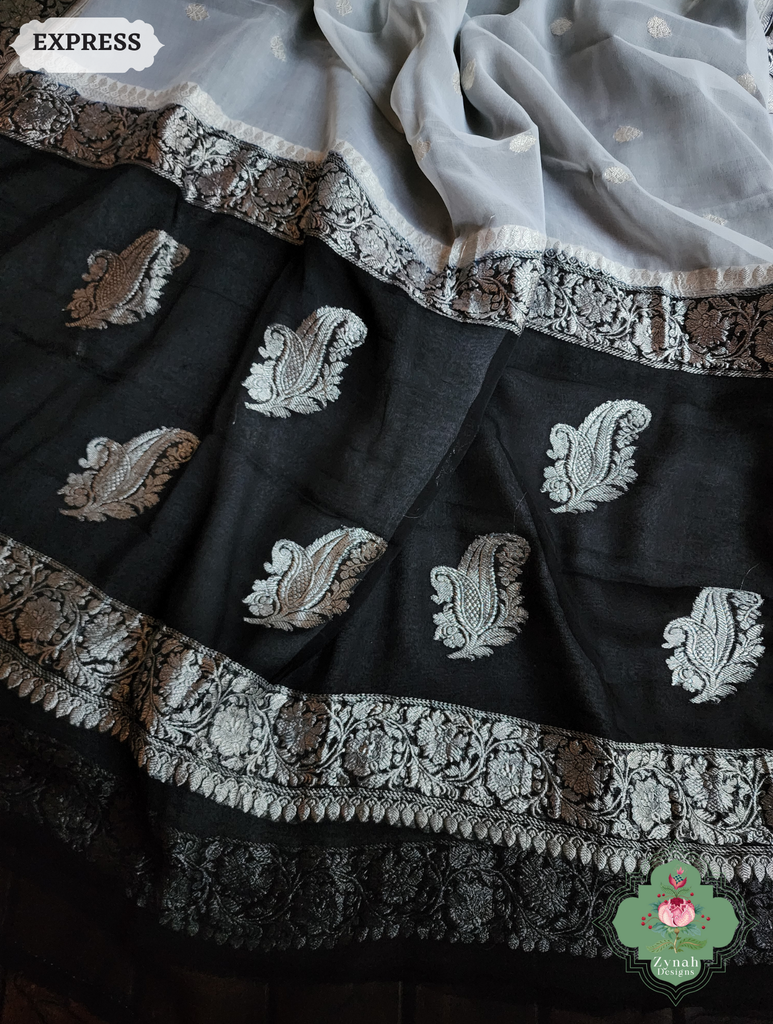 Zynah Black & White Handwoven Pure Khaddi Chiffon Banarasi Saree With Pure Silver Water Zari Woven Butas & Border; Custom Stitched/Ready-made Blouse, Fall, Petticoat; SKU: 29012025012