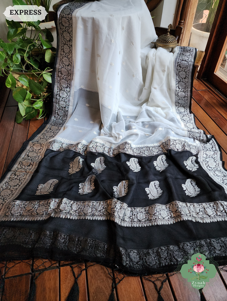 Zynah Black & White Handwoven Pure Khaddi Chiffon Banarasi Saree With Pure Silver Water Zari Woven Butas & Border; Custom Stitched/Ready-made Blouse, Fall, Petticoat; SKU: 29012025012
