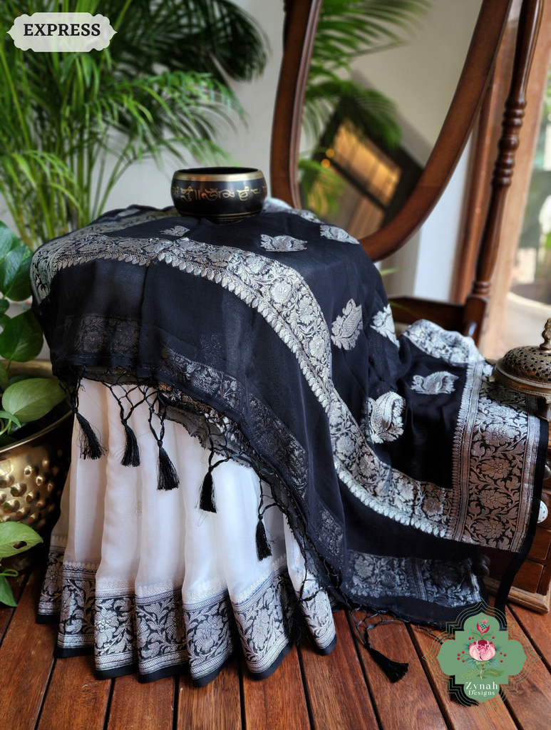 Zynah Black & White Handwoven Pure Khaddi Chiffon Banarasi Saree With Pure Silver Water Zari Woven Butas & Border; Custom Stitched/Ready-made Blouse, Fall, Petticoat; SKU: 29012025012