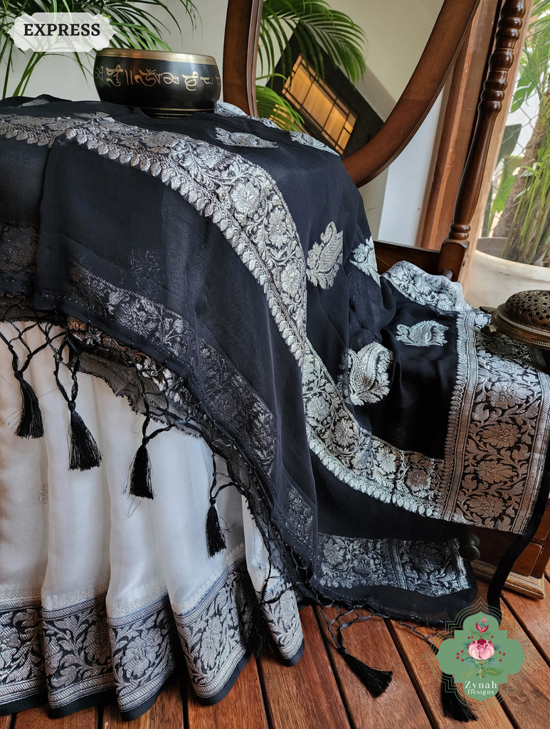 Zynah Black & White Handwoven Pure Khaddi Chiffon Banarasi Saree With Pure Silver Water Zari Woven Butas & Border; Custom Stitched/Ready-made Blouse, Fall, Petticoat; SKU: 29012025012