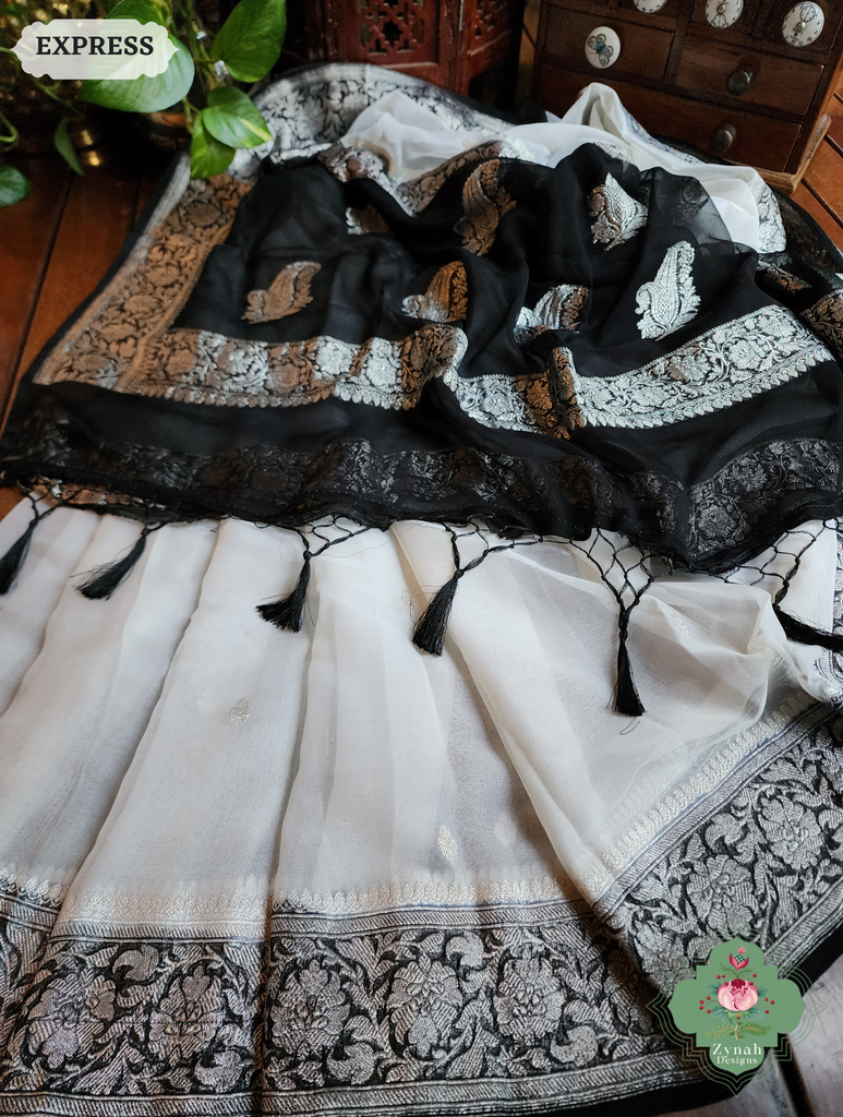Zynah Black & White Handwoven Pure Khaddi Chiffon Banarasi Saree With Pure Silver Water Zari Woven Butas & Border; Custom Stitched/Ready-made Blouse, Fall, Petticoat; SKU: 29012025012
