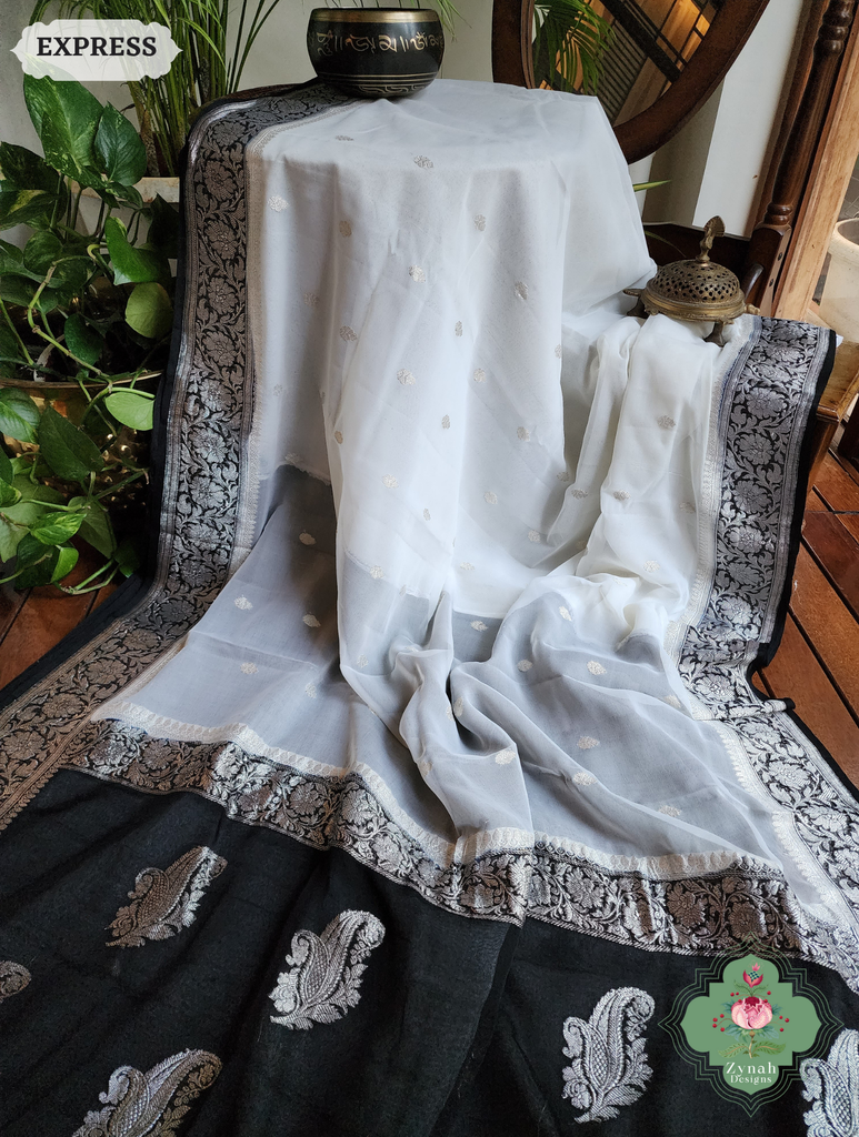 Zynah Black & White Handwoven Pure Khaddi Chiffon Banarasi Saree With Pure Silver Water Zari Woven Butas & Border; Custom Stitched/Ready-made Blouse, Fall, Petticoat; SKU: 29012025012